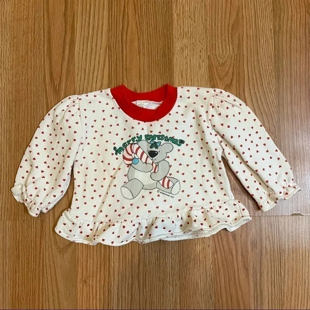 Vintage Babyfair Merry Christmas Bear Hearts Print 6-12 Months Top Sweatshirt